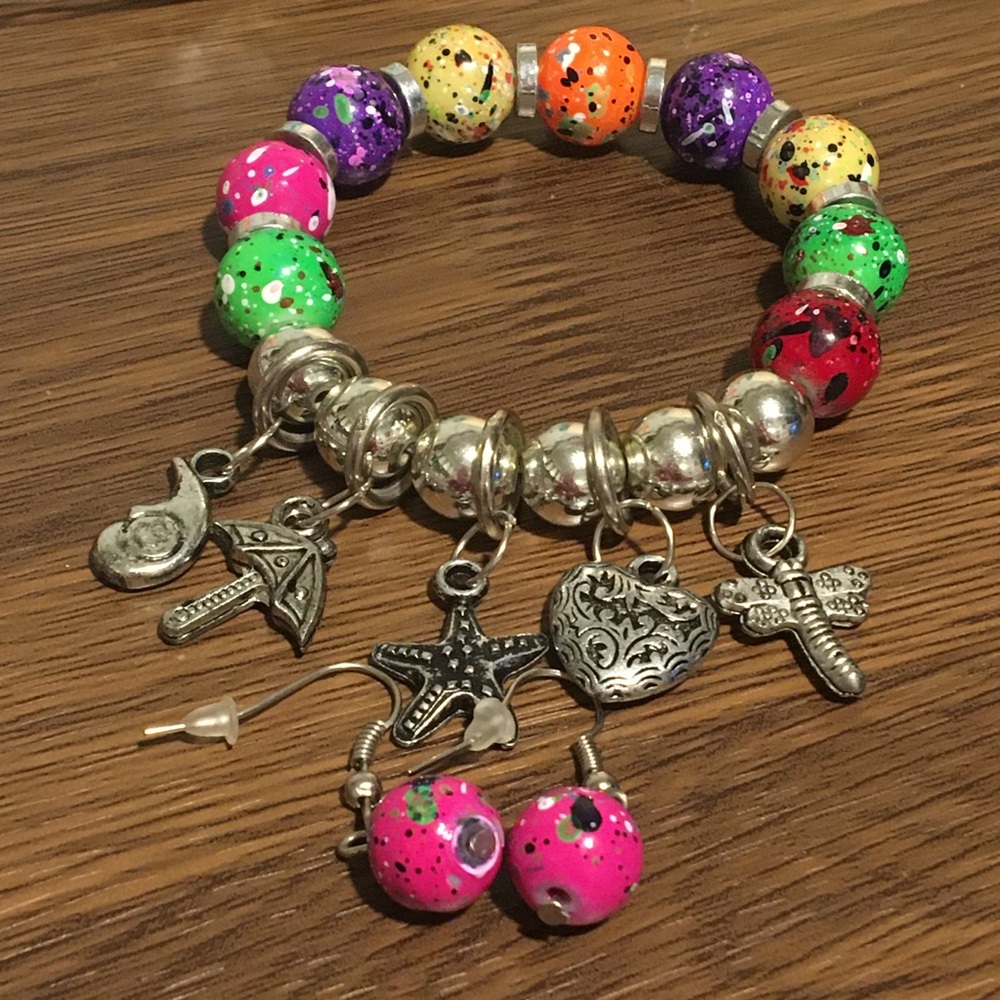 Colorful Beaded Charm Bracelet w earrings